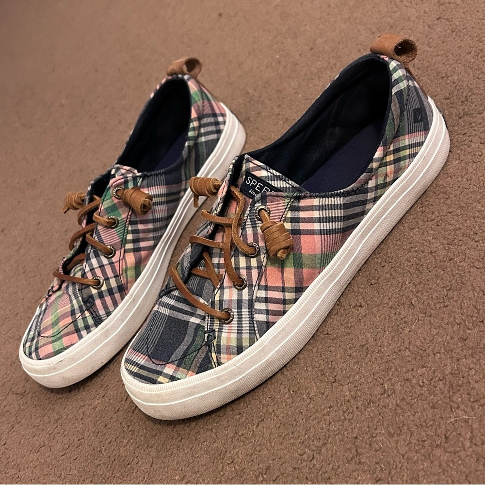 7.5 Sperry Crest Vibe Women’s Plaid Shoes Blue & Pink - Picture 1 of 7
